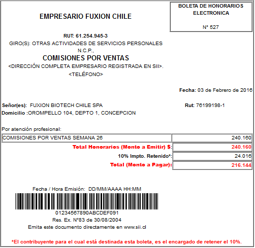 ejemplo boleta de honorarios chile