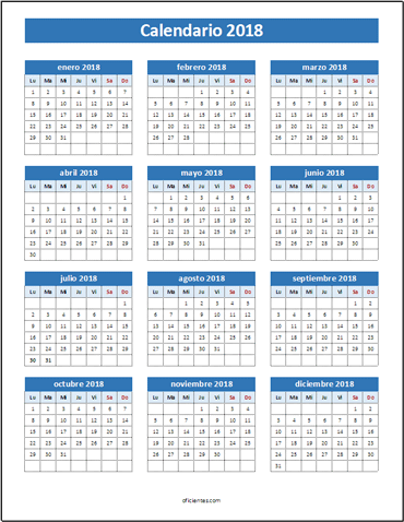 Calendario 2018 Excel a Color anual imprimir