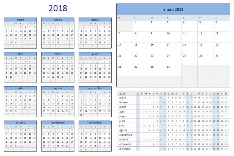 calendario 2018 de Excel Total para imprimir