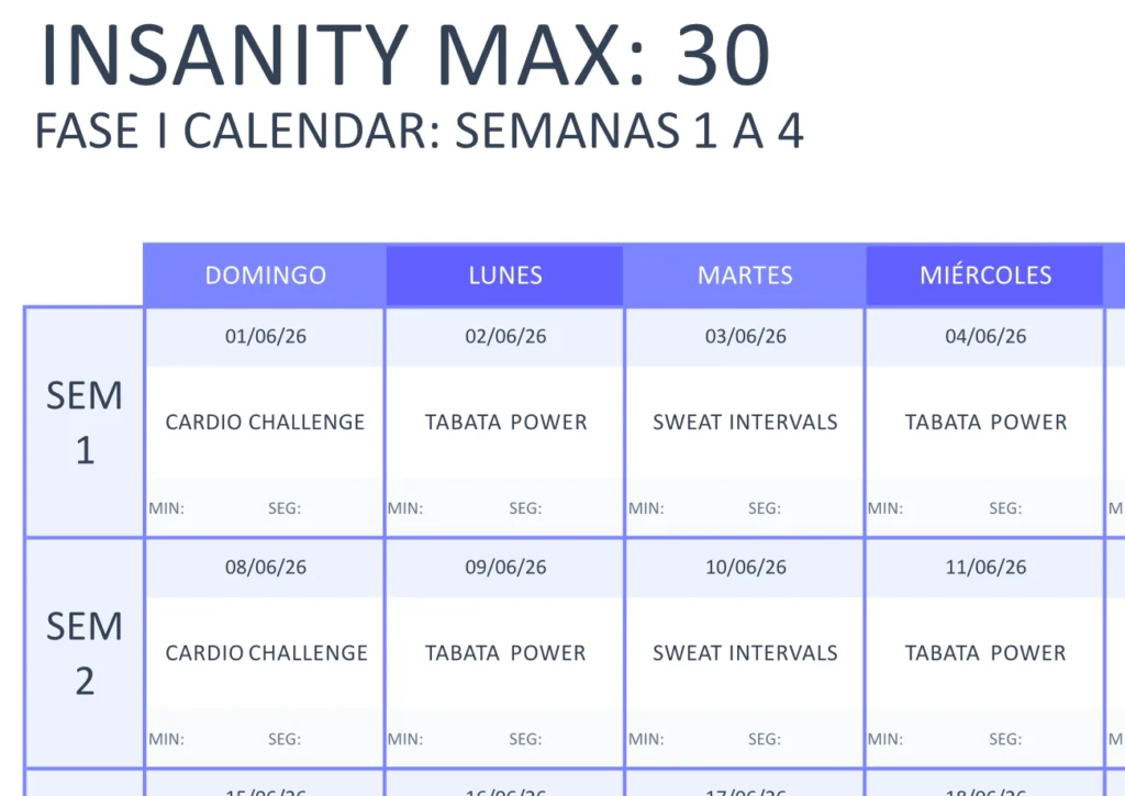 Calendario Instanity Max:30 en Excel Fase I