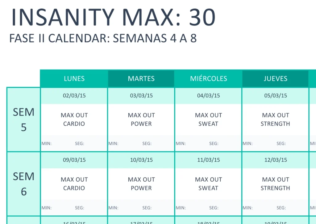 Calendario Instanity Max:30 en Excel Fase I