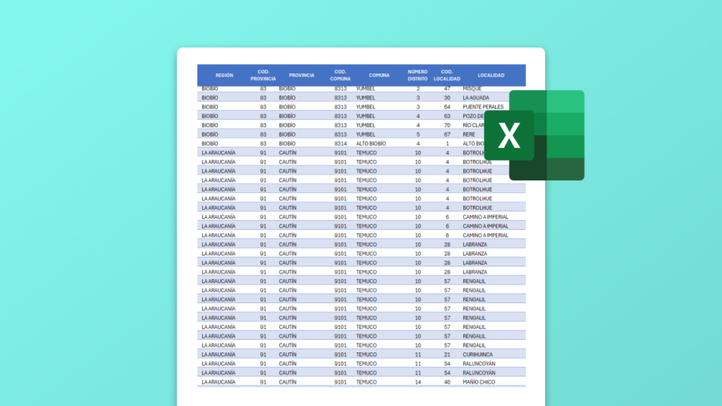 Ciudades de Chile en Excel (regiones, pueblos, aldeas y caseríos) INE 2019