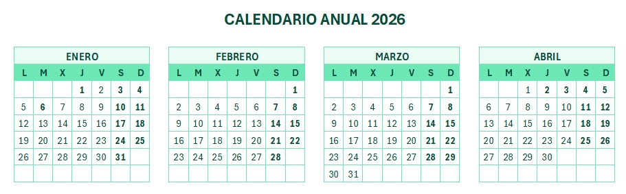 Calendario 2026 Anual en Excel y PDF para descargar e imprimir 5 calendario 2026 anual excel formato esmeralda