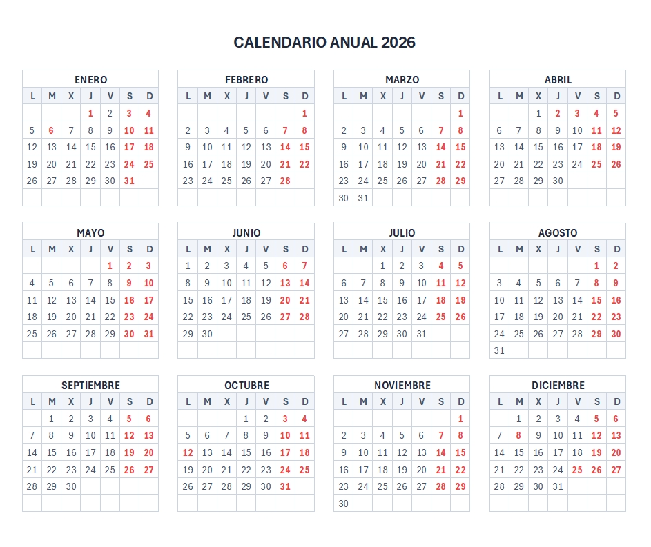 Calendario 2026 Anual en Excel y PDF para descargar e imprimir 2 Calendario 2026 anual en Excel y PDF para descargar e imprimir gratis