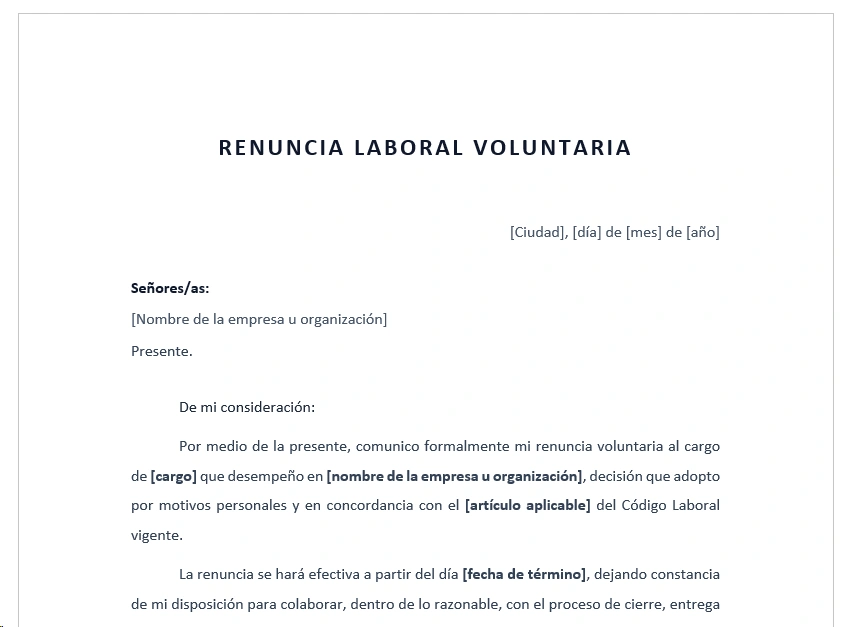 Formato de carta de renuncia laboral voluntaria en Word